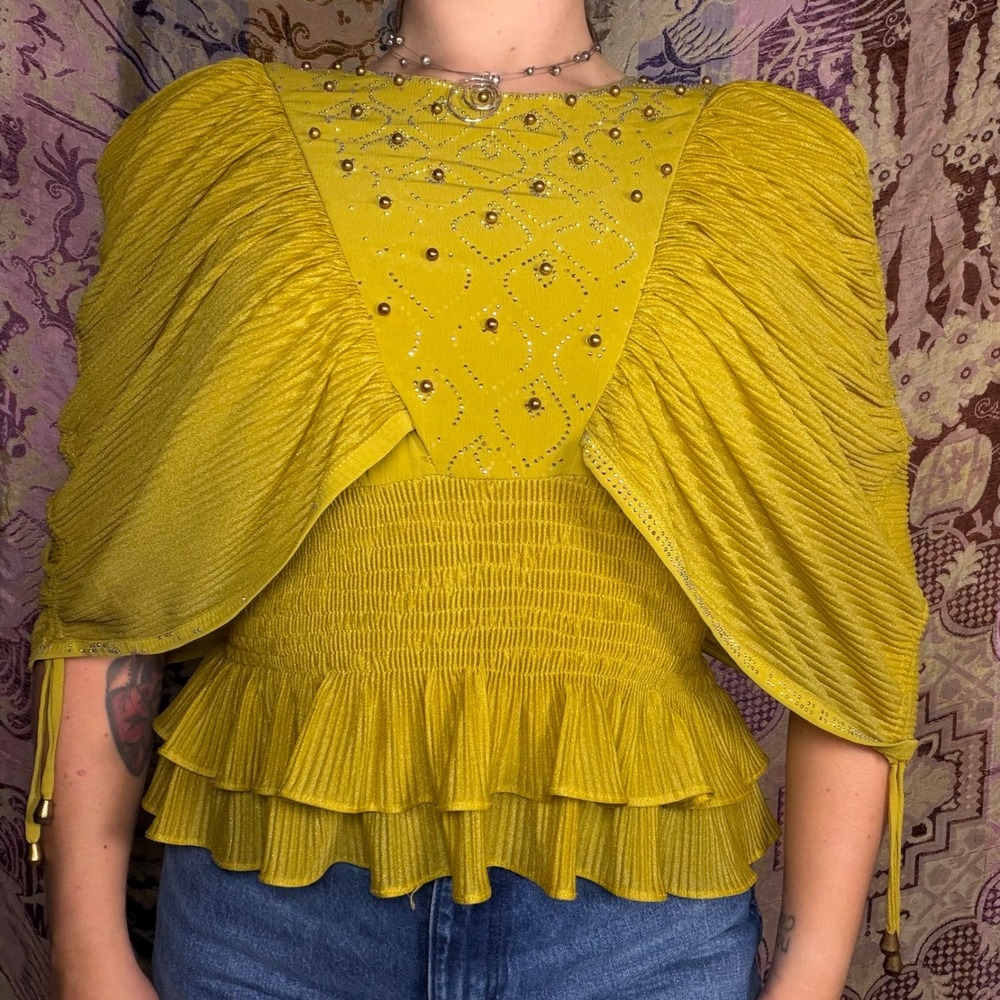 Chartreuse Gold Unique Beaded Whimsy Fairy Bohemian Chic Women's Top Size M